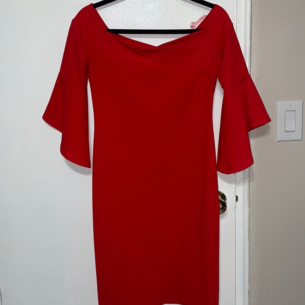 BEBE brand bright red off the shoulder dress